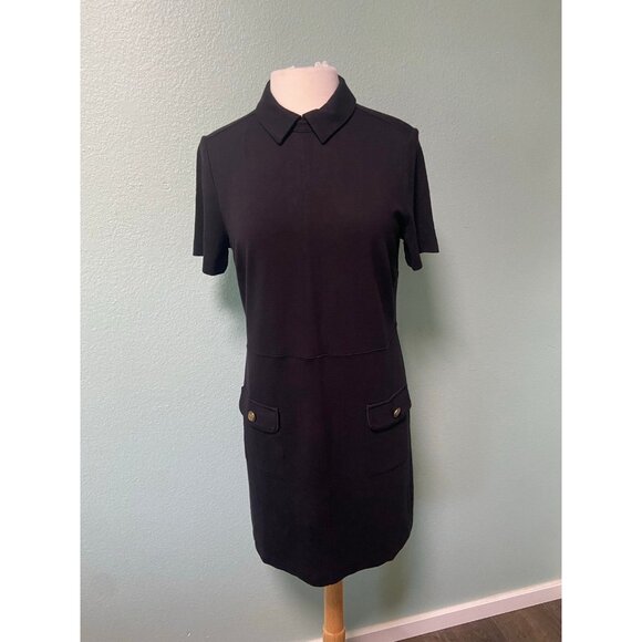 NWT Loft Women's Ponte Button Black and Gold Collared Pocket Shirt Dress Medium - Picture 2 of 11